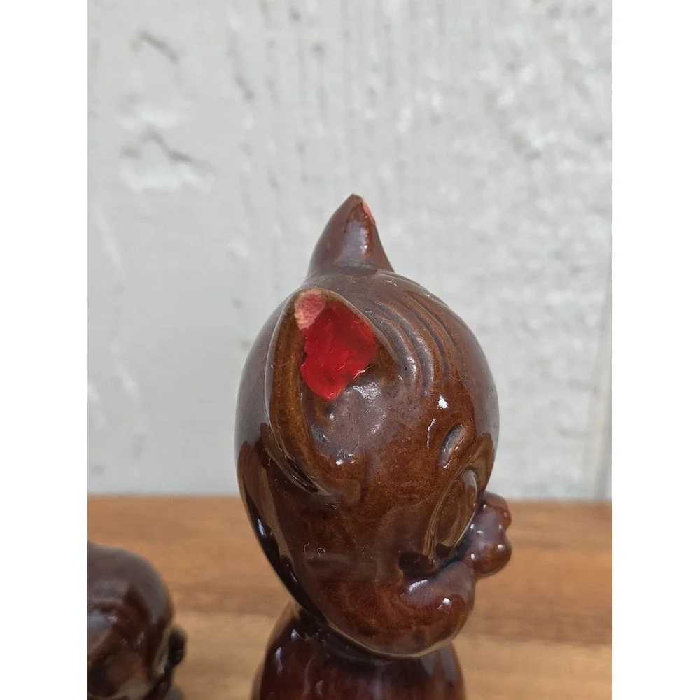 VTG - Red Clay Brown Glazed Mama Cat & Kitten Duo- Japan - VGC